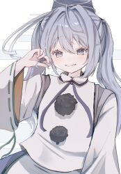 Rule 34 | 1girl, absurdres, alternate hairstyle, blush, commentary request, grey eyes, grey hair, hand in own hair, hat, highres, japanese clothes, kariginu, long hair, long sleeves, looking at viewer, mononobe no futo, open mouth, pom pom (clothes), ribbon-trimmed sleeves, ribbon trim, riripika 2525, simple background, solo, tate eboshi, touhou, twintails, white background, wide sleeves