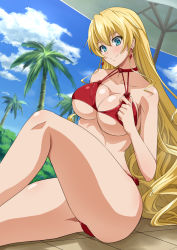 Rule 34 | 10s, 1girl, alternate hairstyle, bare shoulders, bikini, blonde hair, blue eyes, blush, breasts, claire harvey, cleavage, cloud, collarbone, day, earrings, highres, hundred (light novel), jewelry, large breasts, long hair, looking at viewer, namakemono (u446644k), palm tree, red bikini, sitting, sky, smile, solo, swimsuit, tree, underboob