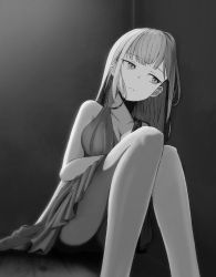 Rule 34 | 1girl, against wall, ballerina, breasts, cleavage, dress, greyscale, highres, hololive, hololive english, long hair, monochrome, mori calliope, sitting, solo, sseldne, virtual youtuber, wall