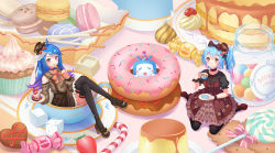Rule 34 | 2girls, alternate hair color, bad id, bad pixiv id, bili girl 22, bili girl 33, bilibili, blue hair, blush, bow, brown bow, brown hat, candy, candy cane, carminar, closed mouth, cup, doughnut, food, hair bow, hat, hat bow, high heels, highres, long hair, looking at viewer, multicolored hair, multiple girls, orange bow, over-kneehighs, plate, pocky, purple hair, red eyes, short hair, short ponytail, side ponytail, sitting, smile, sugar cube, teacup, thighhighs, tongue, tongue out, two-tone hair, wariza