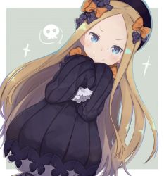 Rule 34 | 1girl, abigail williams (fate), blonde hair, blue eyes, blush, bow, commentary request, cowboy shot, dress, dutch angle, fate/grand order, fate (series), forehead, hair bow, hat, long hair, looking at viewer, orange bow, parted bangs, polka dot, polka dot bow, skull, sleeves past fingers, sleeves past wrists, smile, solo, standing, totatokeke, two-tone background, v-shaped eyebrows