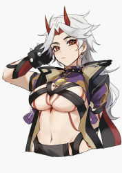 Rule 34 | 1girl, arataki itto, arm behind back, arm behind head, bodypaint, breasts, cleavage, closed mouth, cropped torso, ear piercing, genderswap, genderswap (mtf), genshin impact, grey background, grey hair, highres, horns, japanese clothes, large breasts, long hair, looking at viewer, multicolored hair, navel, oni yakisoba, piercing, red eyes, red hair, simple background, solo, spikes, tassel, twitter username, vision (genshin impact)
