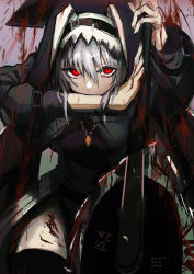 Rule 34 | 1girl, absurdres, arknights, black dress, black thighhighs, blood, blood on clothes, bloody weapon, breasts, chainsaw, chuhaibane, circular saw, dress, grey hair, habit, hair between eyes, highres, holding, holding weapon, jewelry, long hair, long sleeves, looking at viewer, medium breasts, necklace, nun, pelvic curtain, red eyes, saw, solo, specter (arknights), thighhighs, weapon
