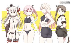 Rule 34 | 4girls, amatsukaze (kancolle), ass, ayanami (kancolle), bike shorts, black bra, black panties, blonde hair, bra, braid, breasts, brown eyes, brown hair, brown skirt, unworn clothes, covered erect nipples, english text, flower, garter straps, gradient hair, hair flaps, hair flower, hair ornament, hair ribbon, hair tubes, hairclip, harusame (kancolle), headgear, kantai collection, lifted by self, lingerie, long hair, looking at another, looking at viewer, looking to the side, medium breasts, multicolored hair, multiple girls, navel, open mouth, orange eyes, panties, pink eyes, pink hair, pointing, pointing at viewer, red eyes, red legwear, ribbon, sailor collar, school uniform, shigino sohuzi, short sleeves, side-tie panties, side ponytail, sidelocks, simple background, skindentation, skirt, small breasts, smile, sports bikini, sports bra, sweatdrop, thighhighs, translation request, twintails, underwear, very long hair, white hair, yuudachi (kancolle)