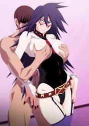 Rule 34 | 1boy, 1girl, ass, belt, belt buckle, blue eyes, blush, bodysuit, boku no hero academia, grabbing another&#039;s breast, breasts, buckle, censored, cuffs, cum, domino mask, ejaculation, erection, grabbing, handcuffs, large breasts, lime (purple haze), long hair, mask, midnight (boku no hero academia), mole, nail polish, penis, purple hair, skin tight, smile, tagme