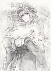 Rule 34 | 1girl, breasts, collarbone, cowboy shot, dole (artist), eyebrows, female focus, hand on own chest, hat, hitodama, japanese clothes, kimono, large breasts, lips, looking at viewer, mob cap, monochrome, obi, open clothes, open kimono, saigyouji yuyuko, sash, short hair, smile, solo, torii, touhou, traditional media, tree, triangular headpiece
