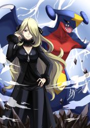 Rule 34 | 1girl, absurdres, black coat, black pants, black shirt, blonde hair, breasts, cleavage, coat, commentary request, creatures (company), cynthia (pokemon), electricity, fur-trimmed coat, fur collar, fur trim, game freak, garchomp, gen 4 pokemon, grey eyes, hair ornament, hair over one eye, hand on own hip, hand up, highres, kagachi 118, long hair, long sleeves, looking at viewer, nintendo, pants, parted lips, pokemon, pokemon (creature), pokemon dppt, rock, shirt, smile, v-neck, wavy hair