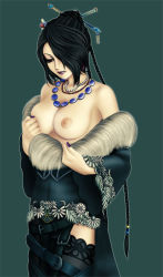 Rule 34 | 00s, belt, black hair, braid, breasts, clothes pull, dress, dress pull, final fantasy, final fantasy x, goth fashion, hair ornament, hair over one eye, jewelry, lipstick, long hair, lulu (ff10), makeup, nail polish, necklace, nipples, smile, topless