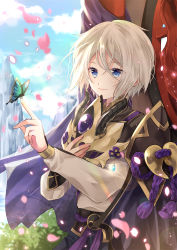 Rule 34 | 1boy, animal, blue eyes, blue pants, blue sky, blurry, blurry background, blush, brown hair, bug, butterfly, butterfly on hand, cape, closed mouth, cloud, cloudy sky, commentary request, curled horns, day, depth of field, fate/grand order, fate (series), fingernails, hair between eyes, hand up, highres, holding, holding mask, horned mask, horns, insect, iroha (shiki), long sleeves, male focus, mask, unworn mask, pants, petals, prince of lan ling (fate), purple cape, shirt, sky, smile, solo, white shirt