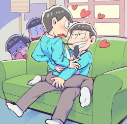 Rule 34 | 10s, 4boys, ass, ass grab, black hair, blue suit, blush, bowl cut, brothers, cellphone, constricted pupils, couch, formal, grabbing another&#039;s ass, groping, half-closed eyes, heart, incest, loose necktie, male focus, matsuno choromatsu, matsuno jyushimatsu, matsuno osomatsu, matsuno todomatsu, mouth hold, multiple boys, necktie, osomatsu-kun, osomatsu-san, osomatsu (series), phone, recording, sanjiro (tenshin anman), siblings, sitting, sitting on person, smartphone, smile, straddling, suit, triangle mouth, wariza, window, yaoi