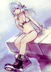Rule 34 | 1girl, absurdres, bikini, blue eyes, blue hair, blush, boots, breasts, closed mouth, dutch angle, highres, long hair, looking at viewer, medium breasts, okuto, original, sitting, sky, smile, solo, swimsuit, white bikini
