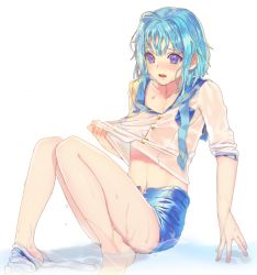 Rule 34 | 10s, 1boy, androgynous, blue hair, blush, enk, ensemble stars!, full body, knees together feet apart, male focus, open mouth, purple eyes, ribbon, sailor collar, see-through, shino hajime, short hair, short shorts, shorts, simple background, solo, wet, wet clothes, white background
