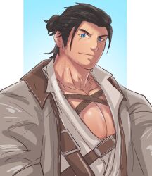 Rule 34 | 1boy, absurdres, adventurer (ff14), bara, blue eyes, chest harness, facial hair, final fantasy, final fantasy xiv, hair slicked back, harness, highres, large pectorals, leather belt, looking at viewer, looking to the side, male focus, mature male, medium hair, mustache stubble, pectoral cleavage, pectorals, peng7499, scar, scar across eye, smile, solo, stubble, thick eyebrows, two-tone background, upper body, warrior of light (ff14)