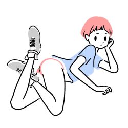 Rule 34 | 1girl, ass, bare legs, blue shirt, colored skin, expressionless, flat color, full body, grey footwear, highres, lying, original, panties, pink hair, pink panties, shirt, shoes, short hair, short sleeves, simple background, solo, underwear, white background, white skin, yuna s illust