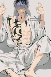 Rule 34 | 1boy, abs, bathrobe, chest tattoo, clenched teeth, closed eyes, collarbone, commentary request, ear piercing, english text, feet out of frame, forced smile, haitani rindou, hands up, head down, knees up, korean commentary, leg tattoo, loose clothes, male focus, multicolored hair, neck tattoo, on floor, open clothes, piercing, purple hair, shoulder tattoo, simple background, sitting, solo, spread legs, streaked hair, sweatdrop, tattoo, teeth, tokyo revengers, toned, toned male, white background, white bathrobe, yoursunfy