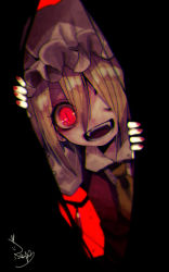 Rule 34 | 1girl, :d, artist name, ascot, black background, blonde hair, commentary request, crystal, fangs, flandre scarlet, fua yuu, hair between eyes, hair over one eye, hat, highres, mob cap, nail polish, open mouth, puffy short sleeves, puffy sleeves, red background, red eyes, red nails, short hair, short sleeves, signature, slit pupils, smile, solo, touhou, upper body, white hat, wings, yellow ascot