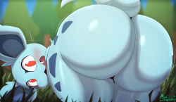 Rule 34 | !, !!, !?, 1girl, absurdres, animal, animal ears, ass, bent over, blue skin, blue sky, blush, branch, butt crack, colored skin, completely nude, creatures (company), curvy, female focus, furry, furry female, game freak, gen 1 pokemon, grass, highres, huge ass, leaning forward, looking at viewer, looking back, markings, miso souperstar, motion lines, nidorina, nintendo, nude, open mouth, outdoors, pokemon, pokemon (creature), red eyes, sharp teeth, sky, surprised, tail, teeth, thick thighs, thighs, tongue, tree, video game, wide-eyed, wide hips