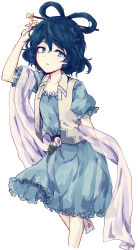 Rule 34 | 1girl, arm up, blue dress, blue eyes, blue hair, collarbone, commentary request, cowboy shot, dress, hair ornament, hair rings, hair stick, highres, kaku seiga, looking at viewer, ofuda, parted lips, puffy short sleeves, puffy sleeves, see-through, short hair, short sleeves, simple background, solo, standing, touhou, uranaishi (miraura), vest, white background, white vest