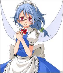 Rule 34 | 1girl, bad id, bad pixiv id, ballpoint pen (medium), bespectacled, blue hair, border, bow, fairy maid (touhou), female focus, glasses, hair bow, looking at viewer, maid headdress, marker (medium), own hands together, pastel (medium), pointy ears, puffy sleeves, red eyes, shikishi, simple background, skirt, smile, solo, touhou, traditional media, tsukishiro saika, wings
