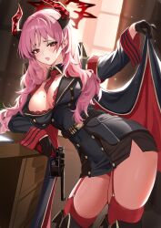 Rule 34 | 1girl, absurdres, backlighting, black gloves, blue archive, blush, bra, breasts, demon horns, garter straps, gloves, gun, halo, highres, holding, holding gun, holding weapon, horns, large breasts, long hair, mole, mole on breast, necktie, open mouth, pink hair, red eyes, red necktie, satsuki (blue archive), solo, stone (ksorede), thighhighs, thighs, underwear, weapon