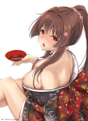 Rule 34 | 1girl, breasts, brown hair, cleavage, collarbone, cup, dated, drunk, flower, from above, hair flower, hair ornament, highres, holding, holding cup, japanese clothes, kantai collection, kimono, large breasts, lips, long hair, looking at viewer, nipple slip, nipples, off shoulder, open clothes, open mouth, ponytail, red eyes, sakazuki, sidelocks, simple background, solo, timato, very long hair, wardrobe malfunction, white background, yamato (kancolle)