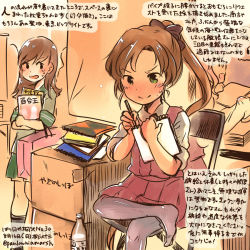 Rule 34 | 10s, 3girls, akigumo (kancolle), bag, blush, book, brown hair, commentary request, dated, green eyes, grey legwear, hair ribbon, holding, holding book, holding pencil, kantai collection, kirisawa juuzou, long hair, makigumo (kancolle), multiple girls, notepad, numbered, ooi (kancolle), pantyhose, pen, pencil, pleated skirt, ponytail, ribbon, school uniform, shirt, shopping bag, sitting, skirt, sleeves rolled up, traditional media, translation request, twitter username, vest, white shirt, writing