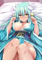 Rule 34 | 1girl, blush, breasts, cleavage, dragon girl, dragon horns, fate/grand order, fate (series), green hair, green kimono, horns, japanese clothes, kimono, kiyohime (fate), long hair, long sleeves, looking at viewer, lying, medium breasts, multiple horns, obi, on back, sash, sen (astronomy), smile, solo, tan, tanline, thighs, wide sleeves, yellow eyes