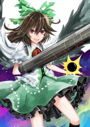 Rule 34 | 1girl, absurdres, arm cannon, black hair, black wings, bow, cape, collared shirt, cowboy shot, energy ball, feathered wings, frilled skirt, frills, green skirt, hair bow, highres, ichinose rom, long hair, looking at viewer, miniskirt, open mouth, puffy short sleeves, puffy sleeves, red eyes, reiuji utsuho, shirt, short sleeves, skirt, smile, solo, third eye, touhou, weapon, white shirt, wings