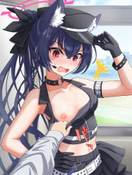 1boy 1girl ^^^ animal_ear_fluff animal_ears assisted_exposure belt belt_around_waist bikini black_gloves blue_archive cat_ears choker clothes_pull commentary_request crop_top earpiece extra_ears fang gloves halo hand_on_headwear hand_on_own_hip hand_up hat idol idol_clothes mouthpiece navel nipples o-ring o-ring_choker off-shoulder_bikini off_shoulder official_alternate_costume official_alternate_hairstyle peaked_cap pink_halo red_eyes serika_(blue_archive) serika_(idol)_(blue_archive) solo_focus surprised swimsuit tamainoniwa white_belt