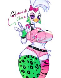 Rule 34 | beak, belt, bird girl, bow, breasts, cleavage, fingerless gloves, five nights at freddy&#039;s, five nights at freddy&#039;s: security breach, glamrock chica, gloves, highres, huge breasts, lipstick, looking at viewer, makeup, midriff, navel, purple eyes, robot, thick thighs, thighhighs, thighs, togetoge, wide hips, zettai ryouiki