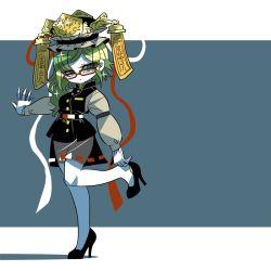 Rule 34 | 1girl, black footwear, blouse, blue background, brown shirt, buttons, colored skin, duplicate, eyes visible through hair, frilled hat, frills, glasses, gloves, green hair, grey shirt, hand on wall, hat, head tilt, high heels, long hair, long sleeves, miniskirt, parted bangs, pixel-perfect duplicate, ribbon-trimmed skirt, ribbon trim, see-through, see-through silhouette, see-through skirt, shiki eiki, shirt, skirt, solo, sparkle, standing, standing on one leg, stiletto heels, touhou, vest, white background, white skin, yt (wai-tei)
