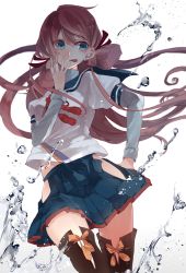 Rule 34 | 10s, 1girl, :p, akashi (kancolle), blue eyes, earrings, highres, hip vent, jewelry, kantai collection, long hair, miwano rag, pink hair, pleated skirt, ribbon, school uniform, serafuku, side slit, skirt, solo, thighhighs, tongue, tongue out, very long hair, water