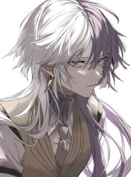 Rule 34 | 1boy, arm strap, brown necktie, brown vest, bungou stray dogs, commentary, earrings, grey eyes, grey sweater, highres, jewelry, long hair, long sleeves, looking at viewer, male focus, multicolored hair, necktie, nozz177, parted lips, purple hair, shirt, sigma (bungou stary dogs), simple background, solo, split-color hair, sweater, two-tone hair, upper body, very long hair, vest, white background, white hair, white shirt