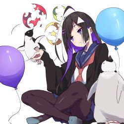 Rule 34 | 1girl, animal, balloon, bird, black cardigan, black hair, blue sailor collar, blue skirt, blush, brown pantyhose, cardigan, closed mouth, commentary request, hair ornament, hairclip, highres, holding, long sleeves, looking away, multicolored hair, neckerchief, needle, no shoes, open cardigan, open clothes, original, pantyhose, penguin, pleated skirt, popping, puffy long sleeves, puffy sleeves, purple eyes, purple hair, red neckerchief, sailor collar, school uniform, serafuku, shirt, simple background, sitting, skirt, sleeves past wrists, solo, tama (tama-s), triangular headpiece, two-tone hair, white background, white headwear, white shirt, yurako-san (tama)