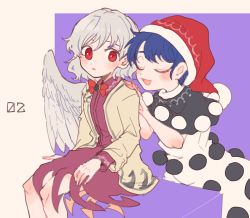 Rule 34 | 2girls, angel wings, black capelet, blue hair, blush, bow, bowtie, braid, capelet, closed eyes, commentary request, doremy sweet, dress, feathered wings, french braid, hat, itomugi-kun, jacket, kishin sagume, long sleeves, multiple girls, nightcap, open clothes, open jacket, open mouth, pom pom (clothes), purple dress, red bow, red bowtie, red eyes, red headwear, short hair, single wing, suit jacket, tail, tapir tail, touhou, white hair, wings