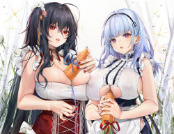 Rule 34 | 2girls, alternate costume, apron, azur lane, bare shoulders, black hair, black hairband, blush, breasts, carrot, center frills, choker, cleavage, clothing cutout, corset, covered erect nipples, dido (azur lane), douya (233), dress, earrings, frilled apron, frilled choker, frills, hair between eyes, hair ornament, hair scrunchie, hairband, heart, heart earrings, huge breasts, jewelry, lace-trimmed hairband, lace trim, large breasts, long hair, looking at viewer, maid, maid apron, multiple girls, nail polish, open mouth, purple eyes, red corset, red dress, red eyes, red nails, scrunchie, side ponytail, silver hair, sleeveless, taihou (azur lane), underboob, underboob cutout, very long hair, waist apron, white apron, white legwear
