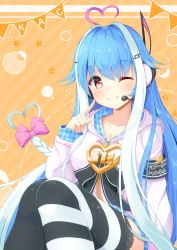 Rule 34 | 1girl, ;3, ahoge, asymmetrical legwear, bad id, bad pixiv id, bemani, black ribbon, blue hair, blush, bow, braid, breasts, collarbone, commentary request, diagonal stripes, dyed ahoge, finger to face, hair bow, hair ornament, headset, heart, heart ahoge, heart hair, hood, hoodie, ichika (bemani), large breasts, long hair, long sleeves, looking at viewer, mikaze oto, mismatched legwear, multicolored hair, musical note, one eye closed, orange background, pink bow, pink sweater, plaid, pointing, pointing at self, red eyes, ribbon, sidelocks, sitting, solo, streaked hair, striped background, striped clothes, striped thighhighs, sweater, thighhighs, two-tone hair, very long hair, white hair