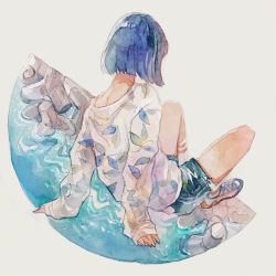 Rule 34 | 1girl, arm support, blouse, blue hair, bob cut, floral print, from behind, grey background, highres, leaning back, looking away, ocean, original, shirt, shoes, short hair, shorts, simple background, sneakers, socks, solo, srnmomo, striped clothes, striped socks, surreal, white socks