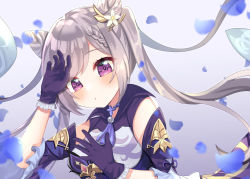Rule 34 | 1girl, arm up, blurry, blurry foreground, braid, breasts, commentary request, cone hair bun, depth of field, detached sleeves, flower, frilled gloves, frills, genshin impact, gloves, grey hair, hair bun, hair flower, hair ornament, hand up, highres, keqing (genshin impact), long hair, medium breasts, petals, purple background, purple eyes, purple gloves, purple sleeves, shirt, sleeveless, sleeveless shirt, solo, suzu (minagi), twintails, upper body, very long hair, white flower, white shirt