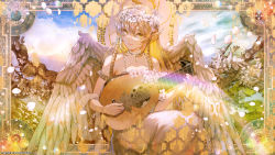 Rule 34 | 1girl, angel wings, bare shoulders, blonde hair, braid, brown hair, commentary request, commission, dress, feathered wings, flower, hair between eyes, hair flower, hair ornament, head wings, highres, holding, holding instrument, instrument, long hair, looking at viewer, lute (instrument), multicolored hair, original, parted lips, pixiv commission, rose, shawl, solo, twin braids, two-tone hair, very long hair, white dress, white flower, white rose, white wings, wings, yellow eyes, yuu (arcadia)