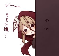 Rule 34 | 1girl, black eyes, blonde hair, blush, cape, evileye (overlord), hair between eyes, hiding, hood, itituki, long sleeves, lowres, mask, overlord (maruyama), simple background, sleeves past wrists, solo, translation request
