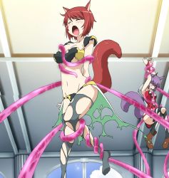 Rule 34 | 10s, 2girls, animal ears, boots, breasts, censored, censored nipples, cleavage, convenient censoring, dog days, highres, long hair, maroon hair, multiple girls, nude, purple hair, screencap, short hair, squirrel ears, squirrel tail, tail, tentacles, thigh boots, thighhighs, torn clothes