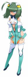 Rule 34 | 1girl, ahoge, aqua thighhighs, black bow, black bowtie, blunt bangs, blush, boots, bow, bowtie, center opening, detached sleeves, eyepatch, female focus, frilled thighhighs, frills, full body, green footwear, green hair, green thighhighs, highres, konami, looking at viewer, medium hair, navel, official art, orange eyes, otomedius, pelvic curtain, see-through, see-through skirt, simple background, skirt, solo, standing, thighhighs, tita nium, twintails, v-shaped eyebrows, white background, yoshizaki mine