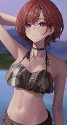 Rule 34 | 1girl, arm at side, arm behind head, arm up, bare arms, bare shoulders, bikini, black choker, blurry, blurry background, brown bikini, brown hair, choker, closed mouth, earrings, floral print, frilled bikini, frills, hair ornament, hairclip, highres, higuchi madoka, idolmaster, idolmaster shiny colors, jewelry, looking at viewer, mole, mole under eye, navel, purple eyes, short hair, solo, starblue, stomach, studded choker, swept bangs, swimsuit