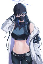 Rule 34 | 1girl, absurdres, arm up, armband, bare shoulders, baseball cap, belt, black armband, black belt, black hair, black hat, black mask, black pants, black shirt, black shorts, blue archive, blue eyes, blue hair, blue halo, breasts, buckle, capelet, chest harness, choono, coat, colored inner hair, commentary, covered mouth, cowboy shot, crop top, dress, gloves, groin, halo, hand in pocket, harness, hat, highres, knife sheath, large breasts, long hair, looking at viewer, mask, midriff, mouth mask, multicolored hair, navel, off shoulder, open clothes, open coat, pants, saori (blue archive), sheath, shirt, shorts, simple background, sleeveless, sleeveless shirt, snap-fit buckle, solo, standing, taut clothes, taut dress, thigh sheath, two-tone hair, underbust, white background, white capelet, white coat