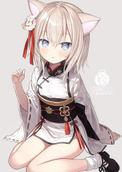 Rule 34 | 1girl, animal ear fluff, animal ears, artist name, black footwear, blue eyes, blush, breasts, brown hair, capriccio, cat ears, closed mouth, commentary request, dress, flower, grey background, hair between eyes, hair flower, hair ornament, long hair, long sleeves, looking at viewer, obi, original, ribbon-trimmed sleeves, ribbon trim, sash, shoes, simple background, sitting, sleeves past wrists, small breasts, socks, solo, wariza, white dress, white flower, white socks, wide sleeves