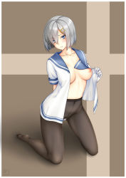 Rule 34 | 10s, 1girl, black pantyhose, blue eyes, blush, breasts, female pubic hair, full body, gloves, gusset, hair ornament, hair over one eye, hairclip, hamakaze (kancolle), high-waist pantyhose, kantai collection, large breasts, looking at viewer, navel, nipples, no panties, osafune kairi, pantyhose, pubic hair, school uniform, see-through, serafuku, short hair, silver hair, solo, white gloves