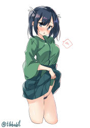 Rule 34 | 1girl, black eyes, black hair, blue skirt, blush, breasts, clothes lift, cowboy shot, cropped legs, ebifurya, female pubic hair, from side, hair between eyes, hair ribbon, highres, kantai collection, lifting own clothes, looking at viewer, medium breasts, no panties, open mouth, pleated skirt, pubic hair, ribbon, simple background, skirt, skirt lift, solo, souryuu (kancolle), spoken blush, sweat, twintails, twitter username, white background, white ribbon