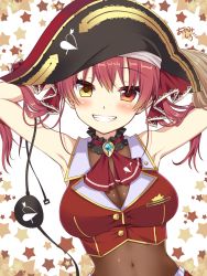 Rule 34 | 1girl, ayamisiro, bare shoulders, blush, breasts, cleavage, hat, heterochromia, highres, hololive, houshou marine, large breasts, long hair, looking at viewer, red eyes, red hair, ribbon, see-through, see-through cleavage, smile, solo, twintails, virtual youtuber