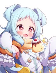 Rule 34 | + +, 1girl, :d, blue hair, blush, cherry, commentary request, drooling, food, forehead, frilled sleeves, frills, fruit, hands up, highres, jacket, long sleeves, miyako (princess connect!), mouth drool, open mouth, princess connect!, pudding, red eyes, setmen, simple background, sleeves past fingers, sleeves past wrists, smile, solo, sparkle, two side up, upper body, white background, white jacket